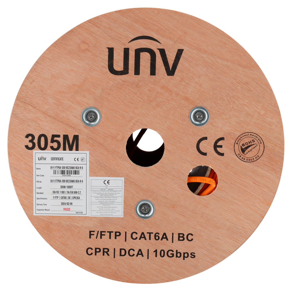 UV-FTP6A-300-BC23AWG-DCA-R-O Cat6A F/FTP 305 m Diamètre 23 AWG Certifié CPR Dca LSZH / Orange