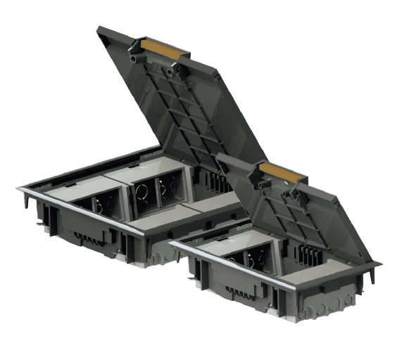 Boîte sol pour mecanismes 45 * 45 - Gris Clair 45 * 45. 4 modules. Couvercle en acier inclus. Grijs r P 146 mm - L 250 mm - H 56 mm IP4X - IK06