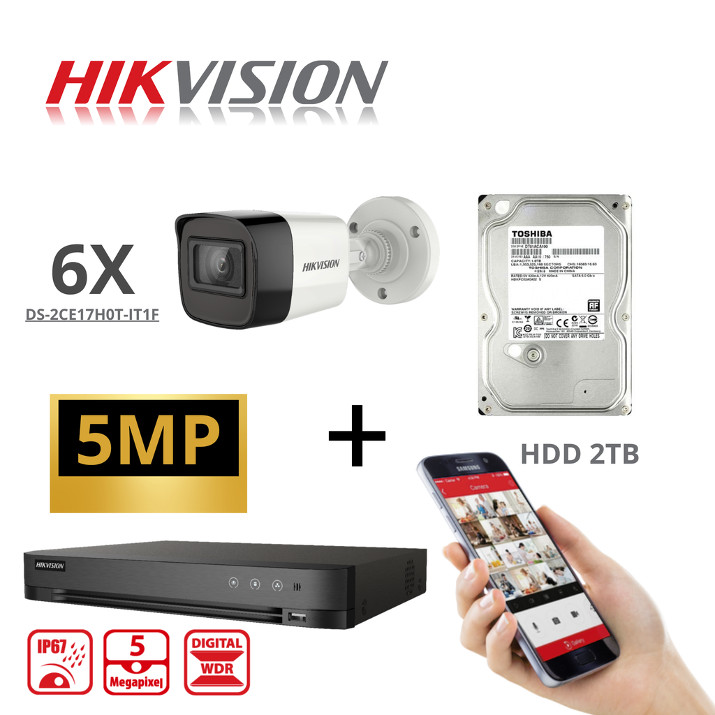 Caméra HIKVISION Turbo-HD 5 MP 6x - DVR 8 canaux - 6x caméras Bullet 5 MP intérieur/extérieur 2 To HDD