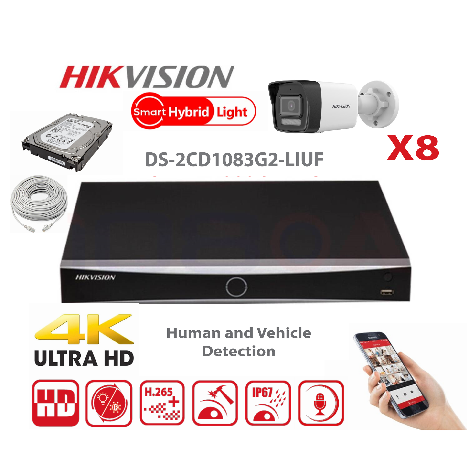 [IPMD-8M-8B] HIKVISION Camera Kit Smart Hybrid G2 Series  8x IP Camera  Bullet 8MP -   NVR 8xChannel - Hard Disk 4Tb