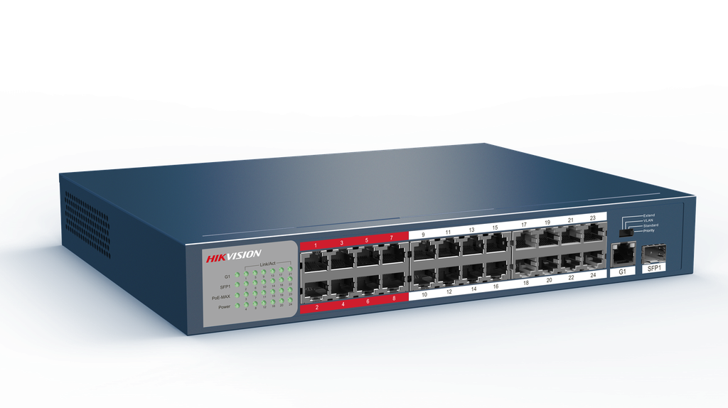 HIKVISION DS-3E1526P-EI 24-poorts Gigabit Smart POE-switch 24 x gigabit PoE RJ45-poorten, 1 x gigabit RJ45-poort, 1 x gigabit glasvezelpoort