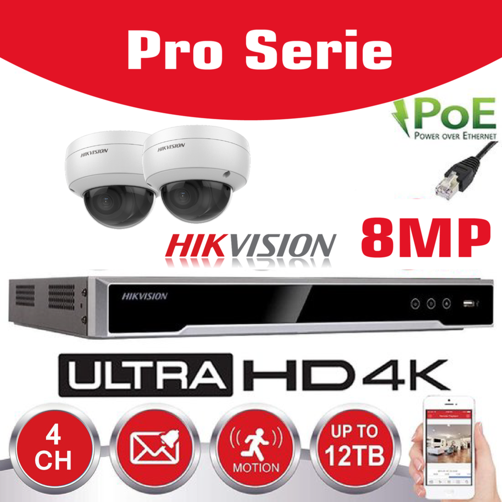Kit IP Hikvision 2 caméras 8 MP IR / Série Essential - 2 caméras dôme audio DS-2CD2183G0-IU IR standard 30 m - enregistreur NVR DS-7604NXI-K1/4P 4 canaux - Disque dur 2 To installé