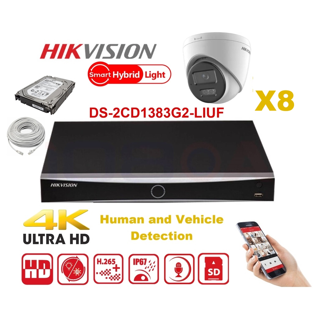 Kit caméra HIKVISION Smart Hybrid G2 Series 8x IP Camera Turret 8MP - NVR 8xChannel - Disque dur 4 To
