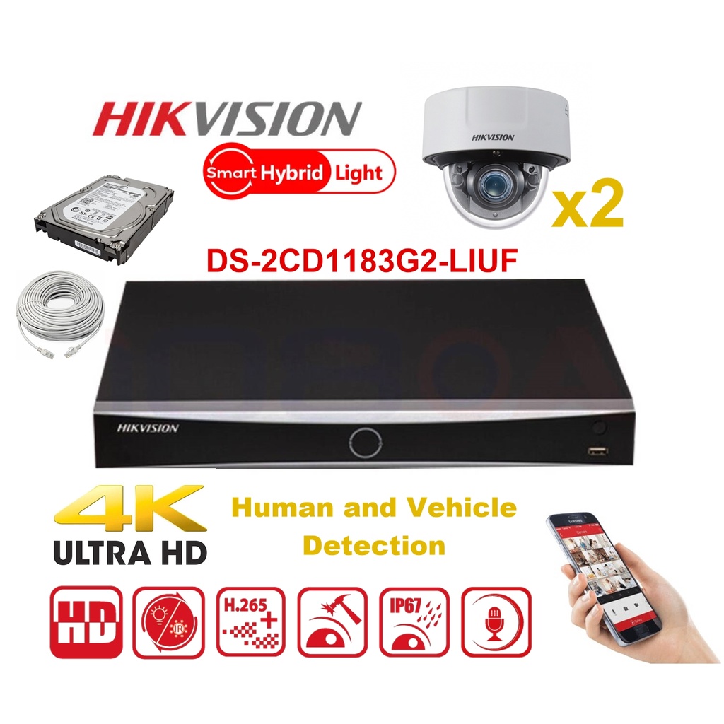 Kit caméra HIKVISION Smart Hybrid G2 Series 2x IP Camera Dome 8MP - NVR 4xChannel - Disque dur 2 To extensible jusqu'à 4x IP Camera