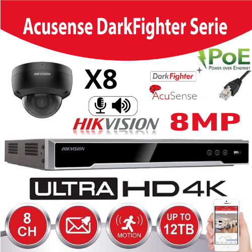 Hikvision IP-Kit Accusense G2 8 x DS-2CD2186G2-I 8MP Darkfighter / Acusense Dome Camera - enregistreur NVR 8 canaux DS-7608NXI-K1/8P - 6b Disque dur installé