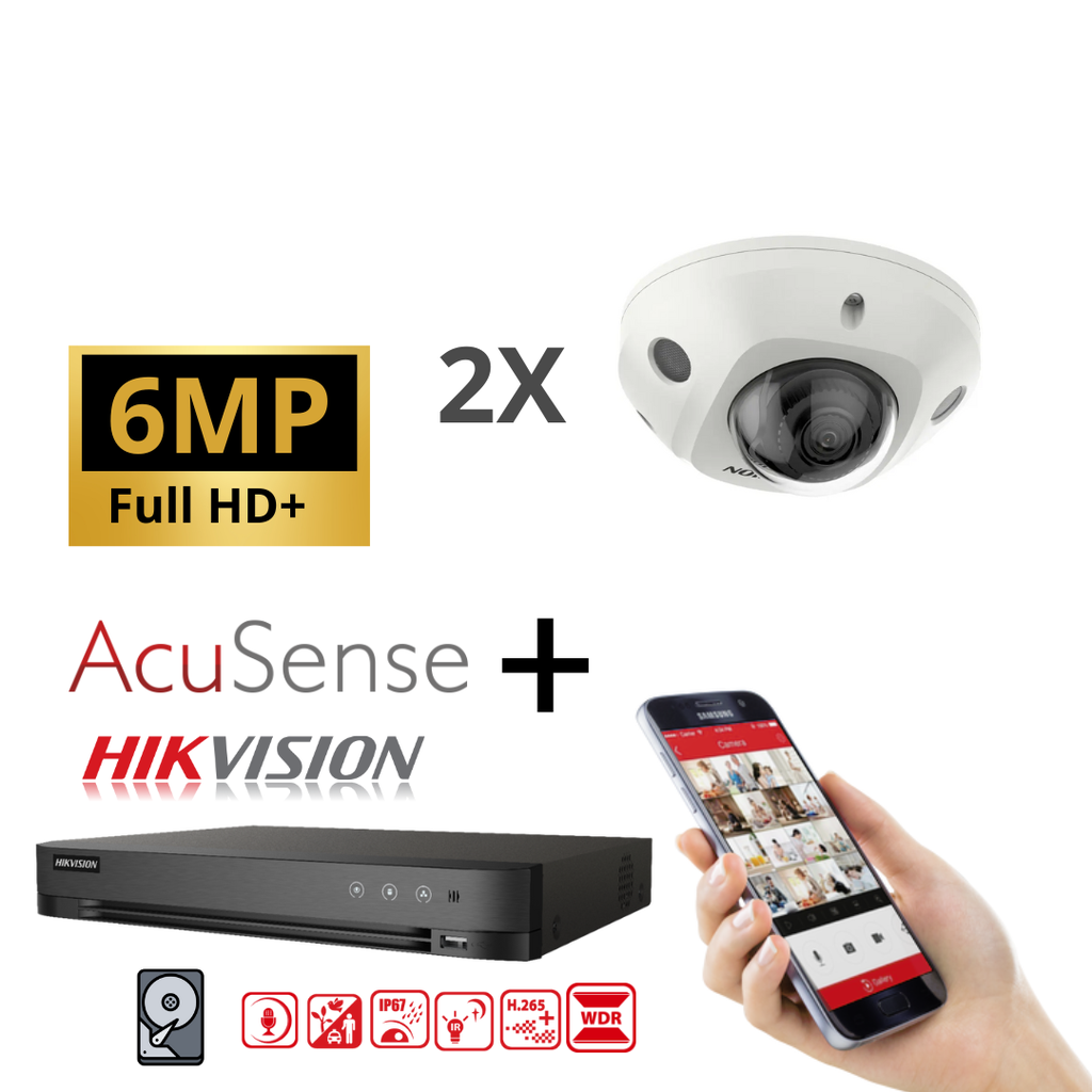 Kit IP Hikvision 2 caméras 6 MP IR / Série Acusense G2 - 2 mini-caméras dômes audio 2,8 mm DS-2CD2563G2-I - Enregistreur NVR 8 canaux DS-7608NXI-K1/8P - Disque dur 2 To installé