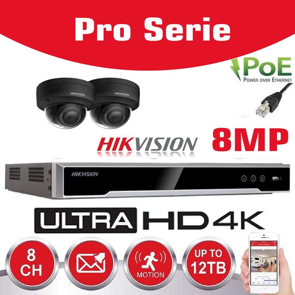 Hikvision IP-Kit 2x Camera 8MP IR / Essential Serie - 2x DS-2CD2183G0-IS Dome Camera IR Standaard 30m - recorder NVR DS-7604NXI-K1/4P 8-kanaals - 2TB Harde Schijf geïnstalleerd