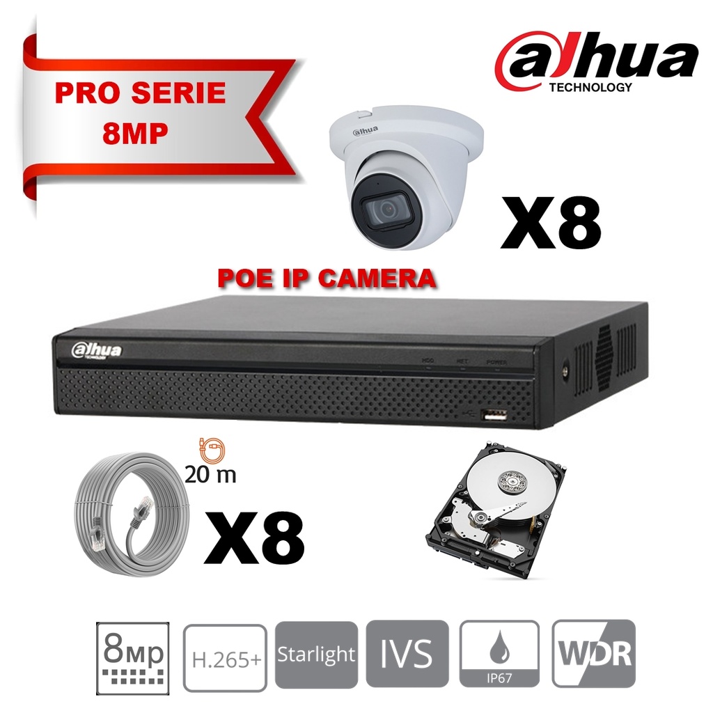 DAHUA Lite Kit Serie IP 8MP 8x Camera Turret Vast 2.8mm-IR 30M + 8 Kanalen POE NVR+ 4TB Max 16x camera