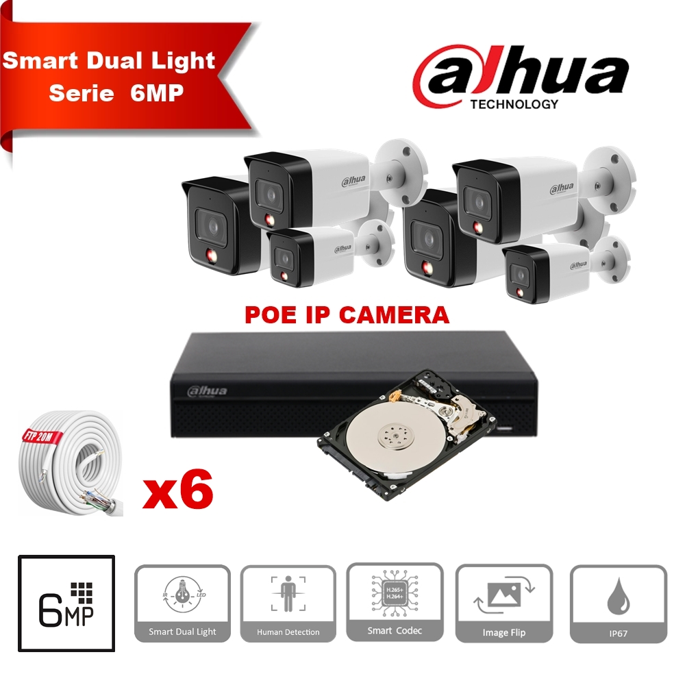 DAHUA Smart Dual Light-serie 30m IP-camerakit - 6x 6 megapixel 2,8 mm camerabullet + 8 kanalen POE NVR + 4TB max. 8x camera