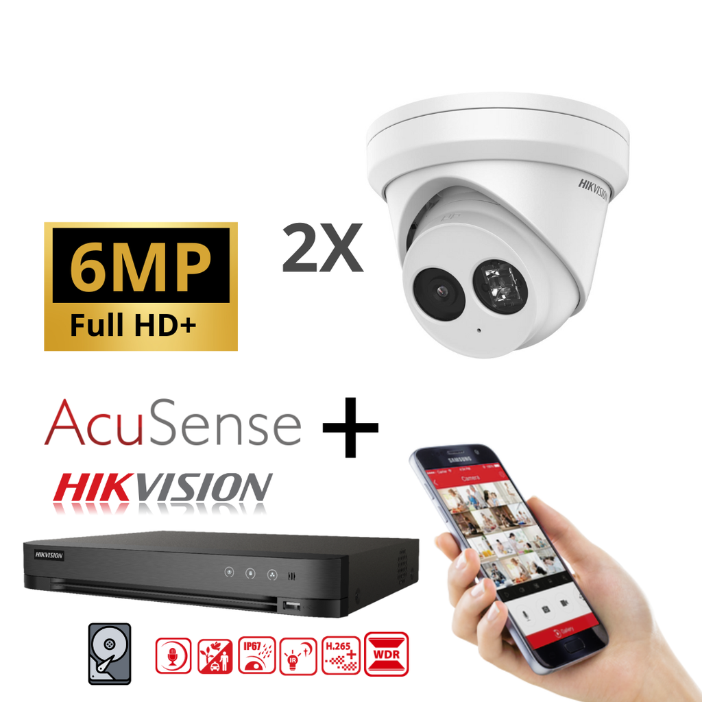 Kit IP Hikvision 2 caméras 6 MP IR / Série Acusense G2 - 2 caméras tourelle audio DS-2CD2363G2-IU - enregistreur NVR 8 canaux 4 canaux DS-7604NXI-K1/4P - Disque dur 2 To installé