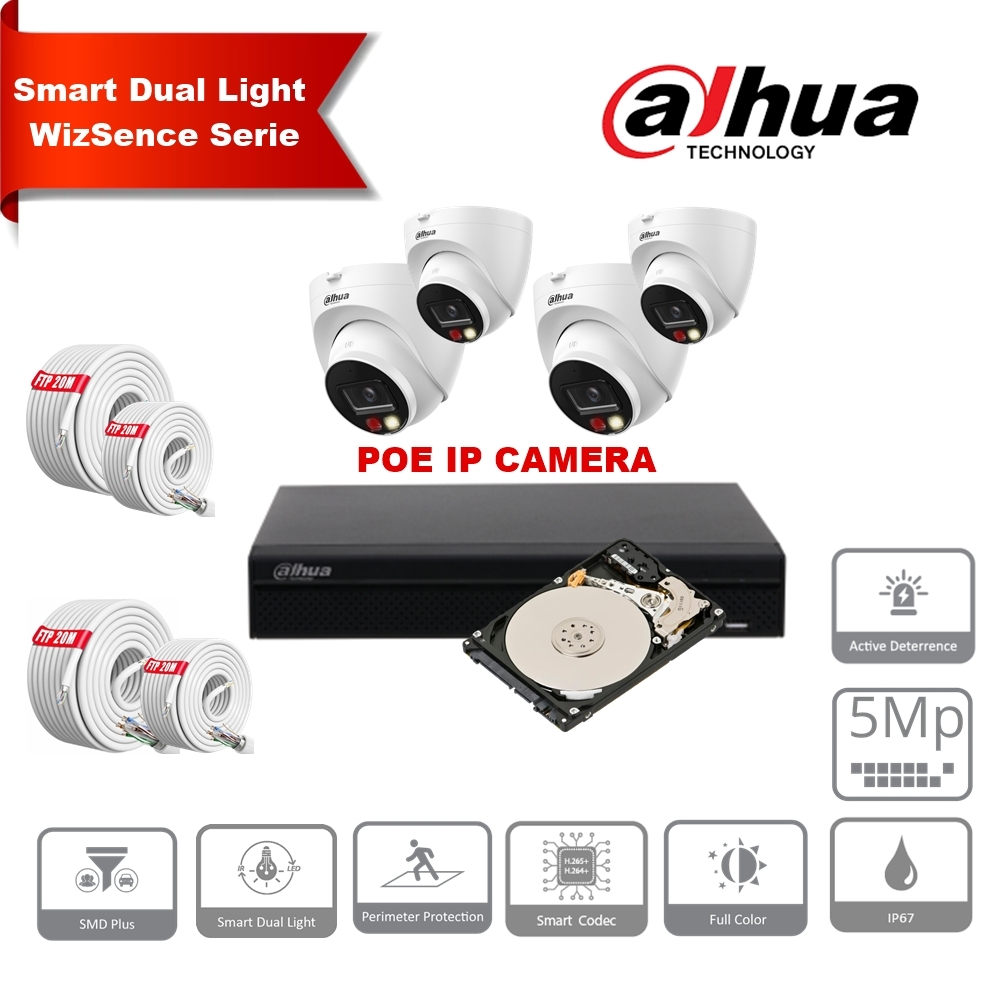 DAHUA Smart Dual Light Active Deterrence WizSense-serie 30m IP-camerakit - 4x 5 megapixel 2,8 mm cameratorentjes + 8 kanalen POE NVR + 2 TB max. 8x camera