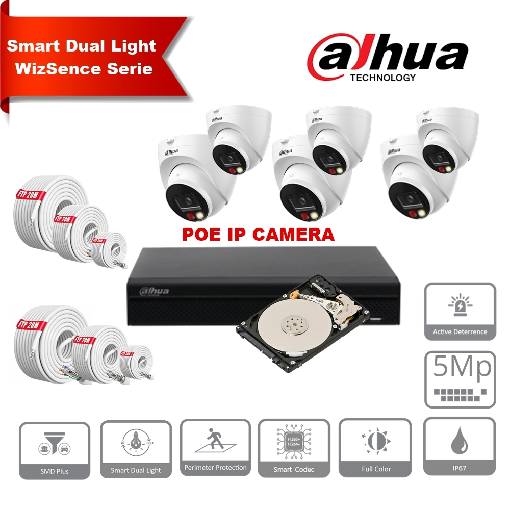 DAHUA Smart Dual Light Active Deterrence WizSense Series 30m IP Camera Kit - 6x 5 Megapixel 2.8mm Camera Turrets + 8 Channels POE NVR + 2TB Max 8x Camera