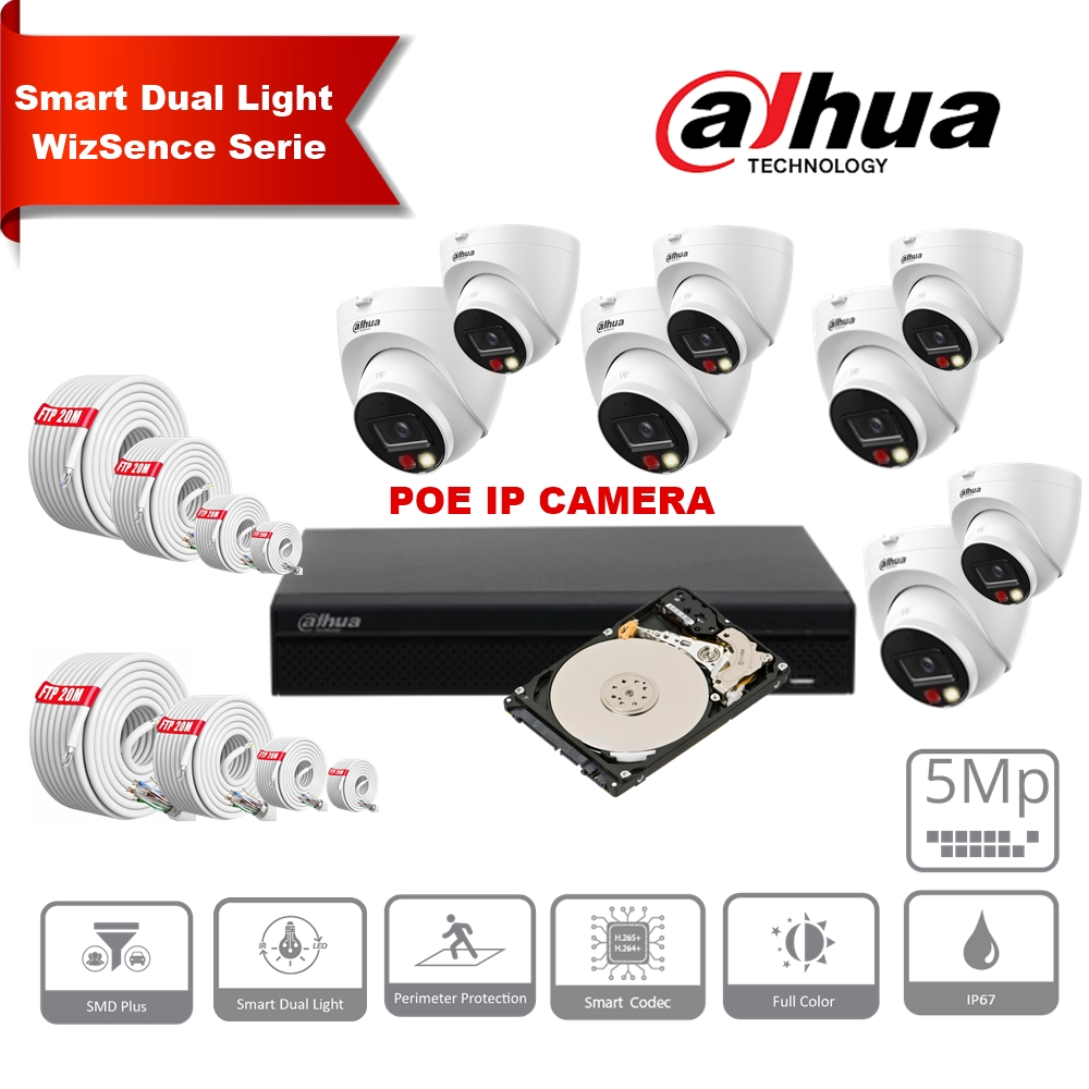 Kit de caméras IP DAHUA Smart Dual Light Active Deterrence WizSense Series 30 m : 8 caméras 5 mégapixels 2,8 mm + NVR POE 8 canaux + 4 To max. 