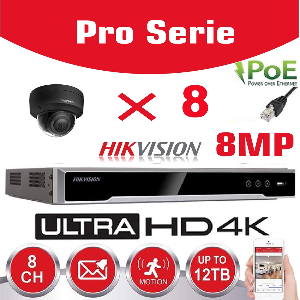 Hikvision IP-Kit 8x Camera 8MP IR / Essential Serie DS-2CD2183G0-IU BLACK Audio Dome Camera IR Standard 30m - recorder NVR DS-7608NXI-K1/8P 8channel - 6TB Hard Disk installed