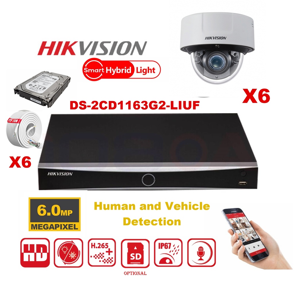 Kit de caméras HIKVISION Smart Hybrid G2 Series 6x IP Dome Camera 6MP - NVR 8xChannel - Disque dur 4 To extensible jusqu'à 8x caméras IP
