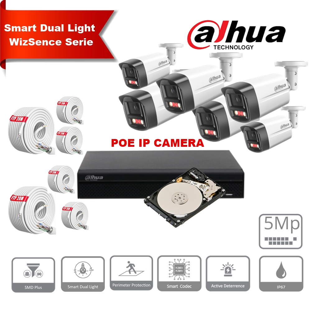 DAHUA Smart Dual Light WizSense Active Deterrence Series 30m IP Camera Kit - 6x 5 Megapixel 2.8mm Camera Bullet + 8 Channels POE NVR + 4TB Max 8x Camera