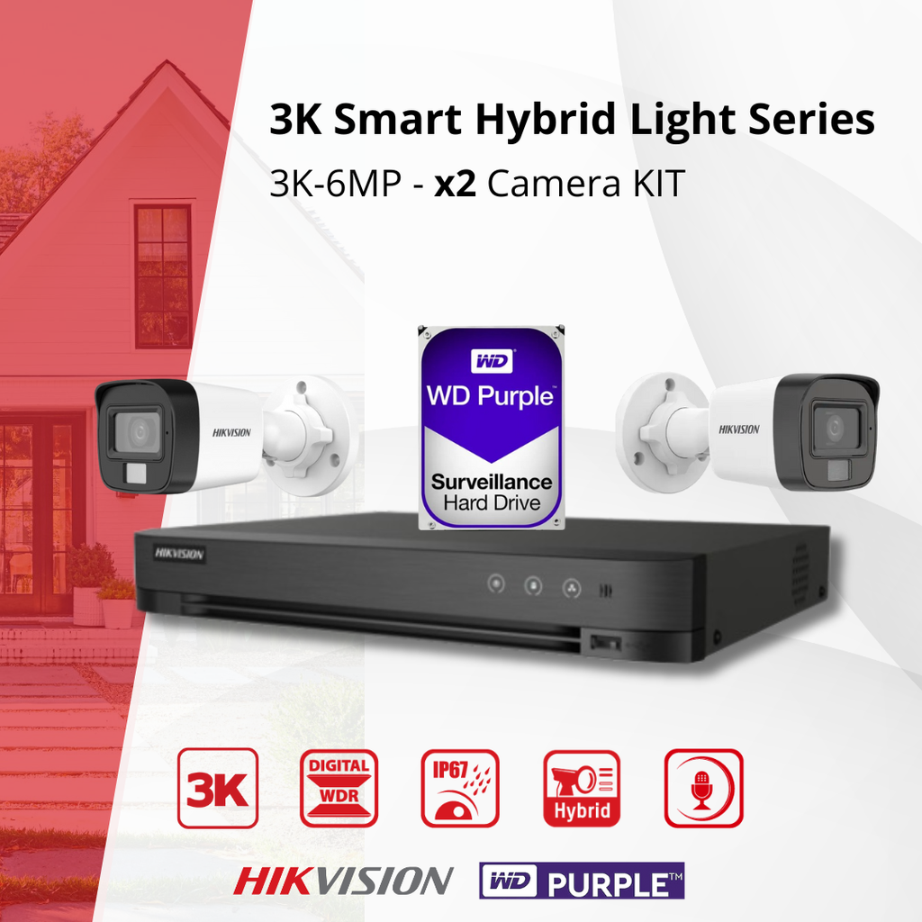 HIKVISION Set 3K Double Éclairage - 2x Caméra Canon 3K (6MP) Double Éclairage Audio Intérieur/Extérieur - DVR 8 Canaux - Disque Dur 1 To
