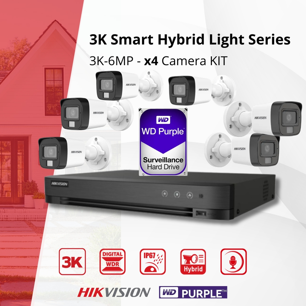 HIKVISION Set 3K Double Éclairage - 6x Caméra Canon 3K (6MP) Double Éclairage Audio Intérieur/Extérieur - DVR 8 Canaux - Disque Dur 2 To