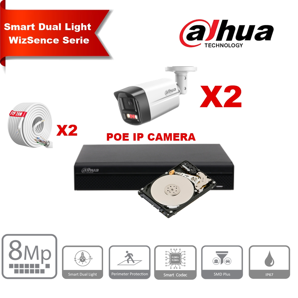 DAHUA Smart Dual Light WizSense-serie  30m IP-camerakit - 2x 8 megapixel 2,8 mm camerabullet + 8 kanalen POE NVR + 2 TB max. 8x camera