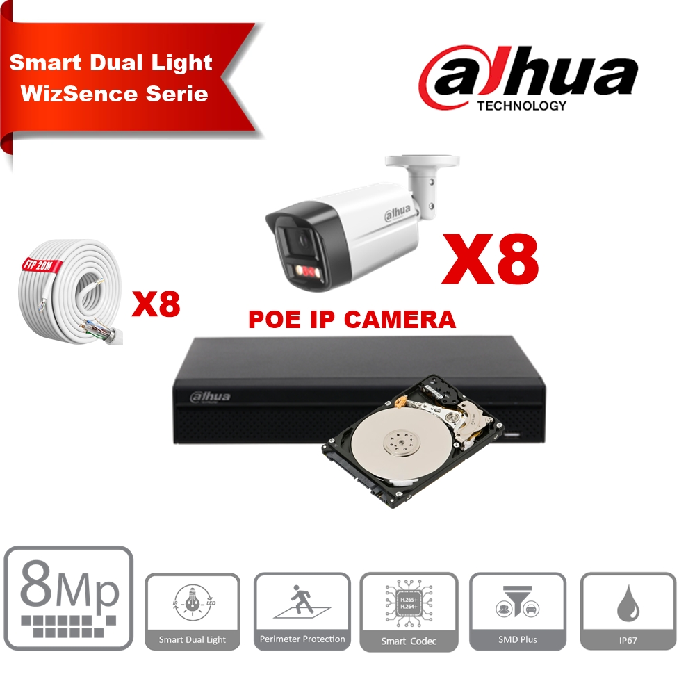 DAHUA Smart Dual Light WizSense-serie  30m IP-camerakit - 8x 8 megapixel 2,8 mm camerabullet + 8 kanalen POE NVR + 4 TB 