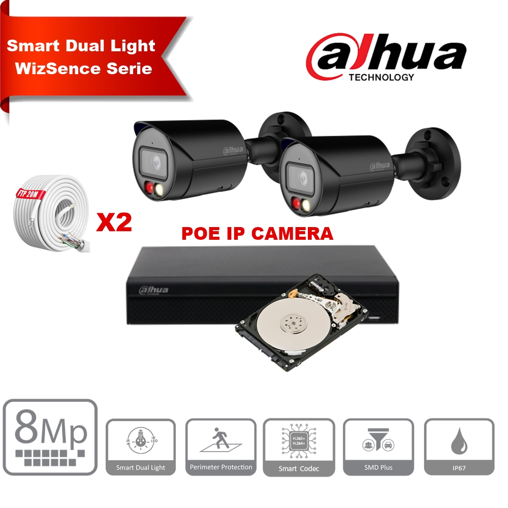 DAHUA Smart Dual Light WizSense Series 30m IP Camera Kit - 2x 8 Megapixel 2.8mm Camera Bullet Black + 8 Channels POE NVR + 2TB Max 8x Camera 