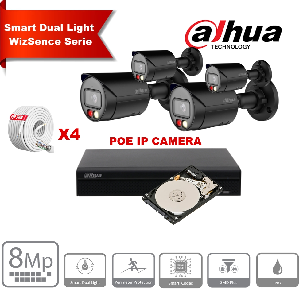 Kit de caméras IP DAHUA Smart Dual Light WizSense  Series 30 m - 4 caméras Bullet 8 mégapixels 2,8 mm + NVR POE 8 canaux + 2 To max. 8 caméras 