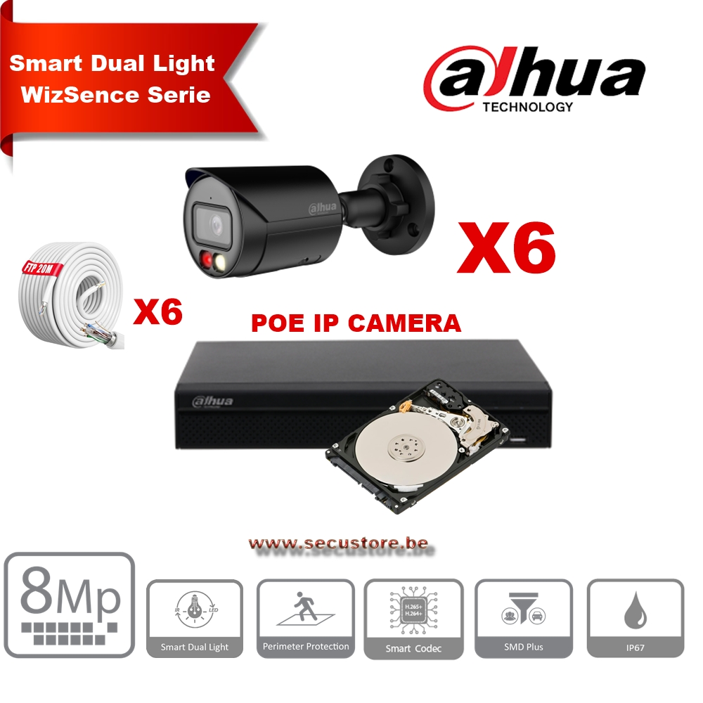 DAHUA Smart Dual Light WizSense Active Deterrence Series 30m IP Camera Kit - 6x 8Megapixel 2.8mm Camera Bullet  Black+ 8 Channels POE NVR + 4TB Max 8x Camera 