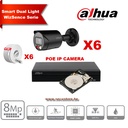 Kit de caméras IP DAHUA Smart Dual Light WizSense   Series 30 m - 6 caméras Bullet 8 mégapixels 2,8 mm  Noir+ NVR POE 8 canaux + 4To max. 8 caméras  
