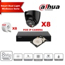 DAHUA Smart Dual Light WizSense Series 30m IP Camera Kit - 8x 8 Megapixel 2.8mm Camera Turret  Black+ 8 Channels POE NVR + 4TB  