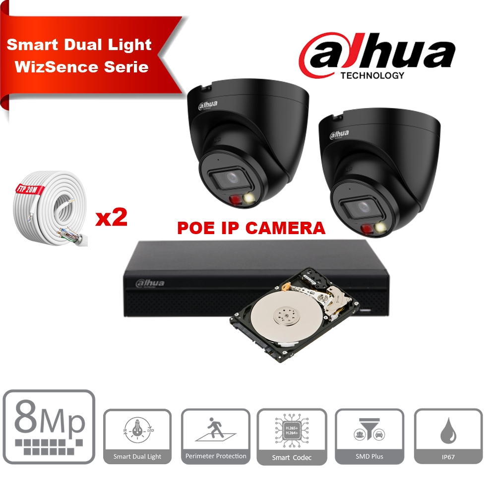 DAHUA Smart Dual Light WizSense-serie  30m IP-camerakit - 2x 8 megapixel 2,8 mm Torencamera Zwart+ 8 kanalen POE NVR + 2 TB max. 8x camera