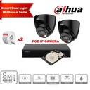 Kit de caméras IP DAHUA Smart Dual Light WizSense  Series 30 m - 2 caméras Turret 8 mégapixels 2,8 mm NOIR+ NVR POE 8 canaux + 2 To max. 8 caméras  