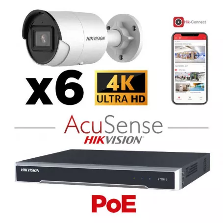 HIKVISION Acusense - Camera Kit - 6x Caméra IP Bullet 4k-8MP Éclairage hybride intelligent avec ColorVu Série -  Lumière stroboscopique active et alarme audio -NVR Acusense Série NXI 8x Canaux avec POE - Disque dur 6 To extensible jusqu'à 8x Caméra IP 