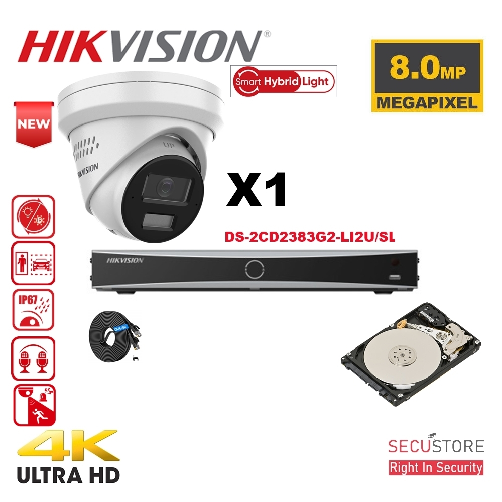  Kit caméra HIKVISION Acusense - Éclairage hybride intelligent - 1 caméras IP tourelle 4K-8MP avec stroboscope actif et alarme sonore - NVR Acusense série NXI 4 canaux avec PoE - Disque dur 2 To extensible jusqu'à 4 caméras IP