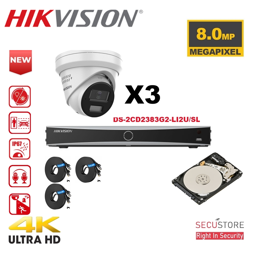  Kit caméra HIKVISION Acusense - Éclairage hybride intelligent - 3 caméras IP tourelle 4K-8MP avec stroboscope actif et alarme sonore - NVR Acusense série NXI 4 canaux avec PoE - Disque dur 2 To extensible jusqu'à 4 caméras IP