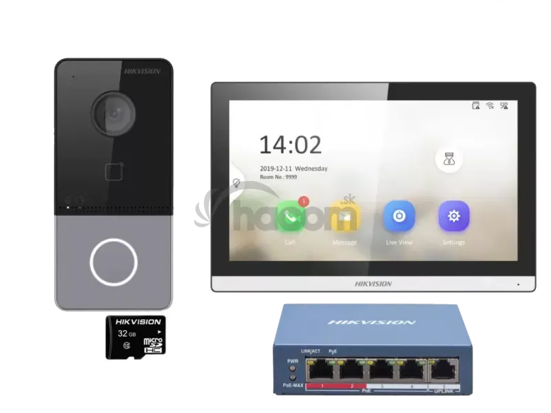 Hikvision DS-KIS607-S IP kit DS-KV6113-PE1(C), DS-KH6350-WTE1, 4-port PoE switch, SD IP-PoE video intercom kit, 1x call button, surface mount, 7-inch Wi-Fi touchscreen monitor + 5-port PoE switch