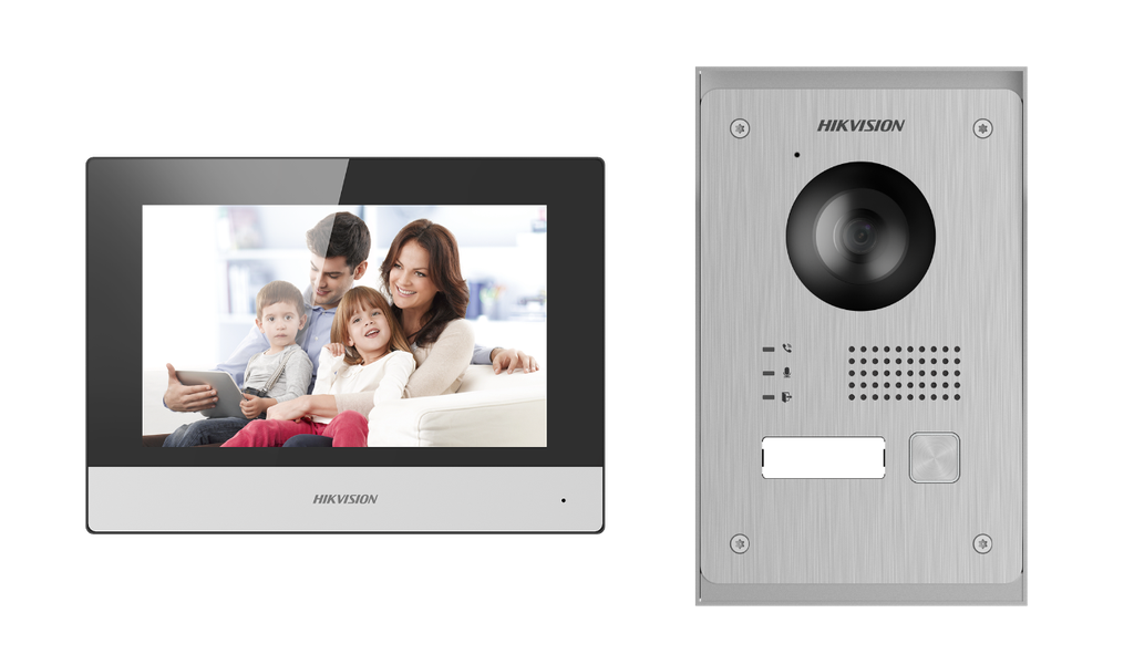 Kit d'interphone vidéo IP Hikvision DS-KIS703-P 2 fils 1 bouton d'appel Montage en saillie / encastré - - Moniteur tactile WIFI 7 pouces