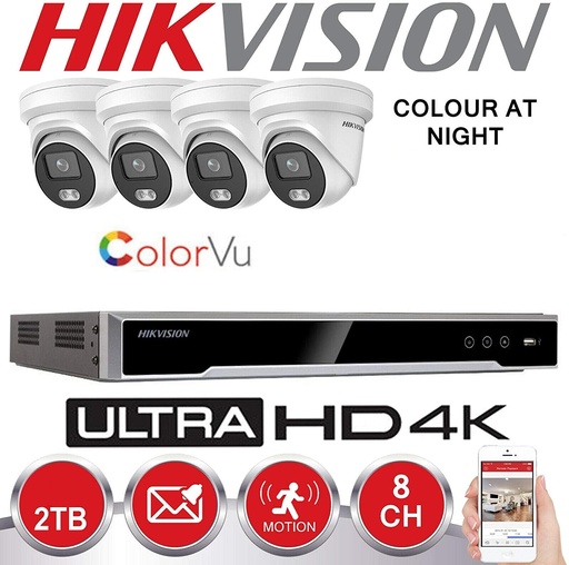 [IPHK-CLV-44T] HIKVISION IP Surveillance Kit 4x Colorvu G1 ProIP-camera's 4 MP vaste lens 4,0 mm IR 30M + NVR HIKVISION 4 Ch - harde schijf Voorgeïnstalleerd 2 TB