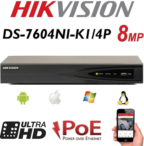 [DS-7604NI-K1/4P-2TB] HIKVISION DS-7604NI-K1/4P 4-kanaals 1U 4 PoE 4K NVR + harde schijf 2 TB