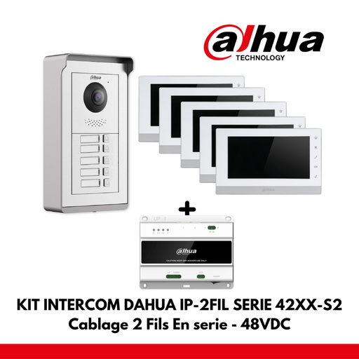Dahua Appartementenset 5x IP-interfaceknoppen - 2 draden - 48 VDC + 5x 7&quot; kleurenmonitor - seriële bedrading