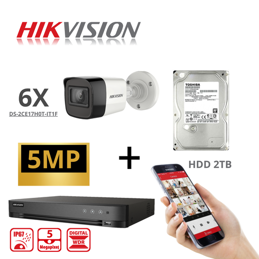 [TVIKIT5M-B6] Caméra HIKVISION Turbo-HD 5 MP 6x - DVR 8 canaux - 6x caméras Bullet 5 MP intérieur/extérieur 2 To HDD