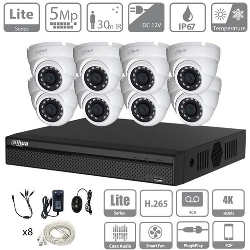 [CVI5MPKIT-8T2] DAHUA 8CH KIT HDCVI 5MP DVR 8CH &amp; 8X Camera Turret 5MP Binnen/Buiten - HD 2TB