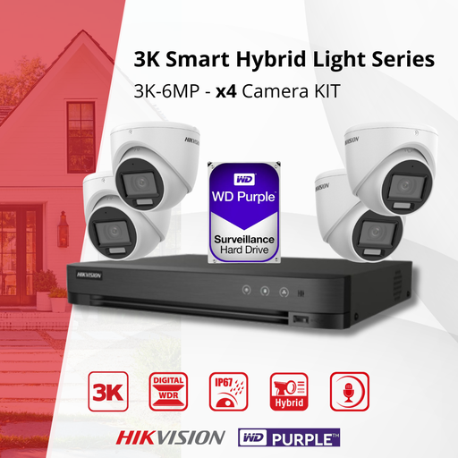 [TVIKIT3K-T4] HIKVISION Set 3K Double Éclairage - 4x Caméra Tourelle 3K (6MP) Double Éclairage Audio Intérieur/Extérieur - DVR 8 Canaux - Disque Dur 2 To