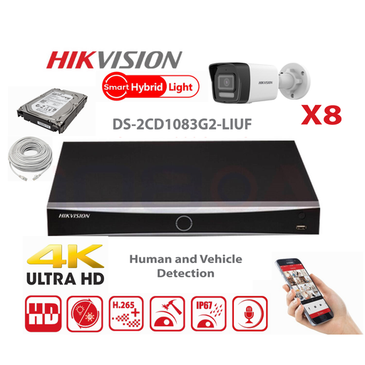 [IPMD-8M-8B] Kit caméra HIKVISION Smart Hybrid G2 Series 8x IP Bullet 8MP - NVR 8 canaux - Disque dur 4 To