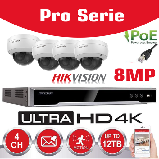 [IPHK-BE-84D-WH] Hikvision IP-Kit 4x Camera 8MP IR / Essential Serie - 4x DS-2CD2183G0-IU Audio Dome Camera IR Standard 30m - recorder NVR DS-7604NXI-K1/4P 4channel - 2TB Hard Disk installed
