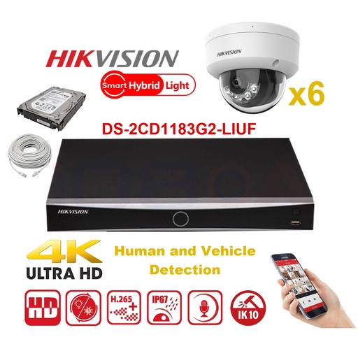 [IPMD-8M-6D] HIKVISION Camera Kit Smart Hybrid G2-serie 6x IP-cameradome 8MP - NVR 8x kanaal - harde schijf 4 TB, uitbreidbaar tot maximaal 8x IP-camera
