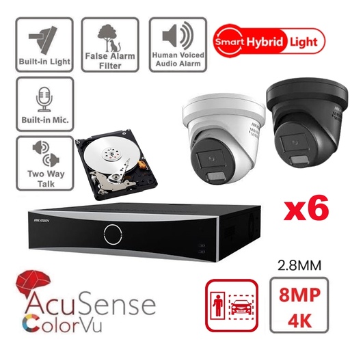 HIKVISION Camera Kit Acusense - Slimme hybride lamp met ColorVu-serie - 6x IP-cameratoren 4k-8MP Actieve stroboscoop en audio-alarm - NVR Acusense NXI-serie 8x kanaal met POE - Harde schijf 6 TB Uitbreidbaar tot maximaal 8x IP-camera