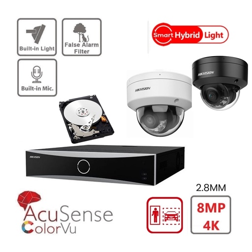 HIKVISION Camera Kit Acusense - Smart Hybrid Light met ColorVu Serie - 6x IP Camera Dome 4k-8MP ingebouwde audio - NVR Acusense NXI Serie 8xChannel met POE - Harde schijf 6TB Uitbreidbaar tot maximaal 8x IP Camera
