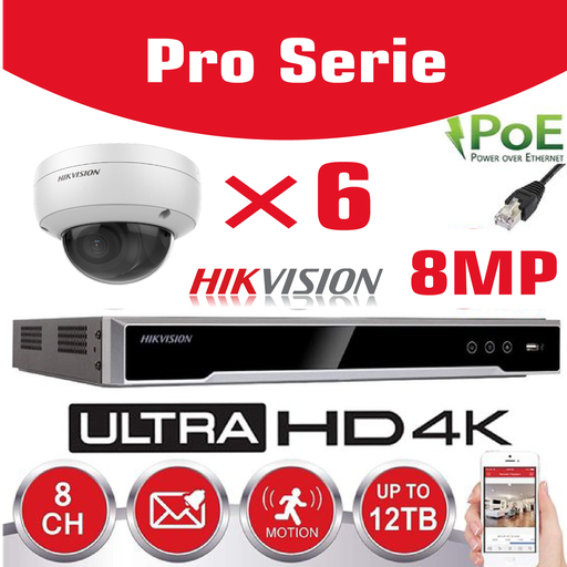 [IPHK-BE-86D-WH] Hikvision IP-Kit 6x Camera 8MP IR / Essential Serie DS-2CD2183G0-IU Audio Dome Camera IR Standaard 30m - recorder NVR DS-7608NXI-K1/8P 8-kanaals - 4TB Harde Schijf geïnstalleerd