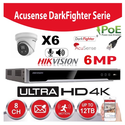 [IPACS-G2IR-6M-6T] Hikvision Kit IP-Darkfighter - Acusense Série G2 6x DS-2CD2366G2-IU - Tourelle 2,8 mm 6 mégapixels avec microphone intégré et enregistreur NVR 8 canaux DS-7608NXI-K1/8P - Disque dur 6 To
