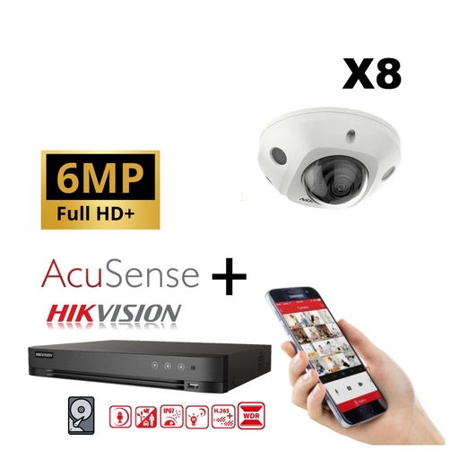 [IPACS-G2IR-6M-8MD] Kit IP Hikvision 8 caméras 6 MP IR / Série Acusense G2 - 8 mini-caméras dômes DS-2CD2563G2-I audio 2,8 mm - enregistreur NVR 8 canaux DS-7608NXI-K1/8P - Disque dur 6 To installé